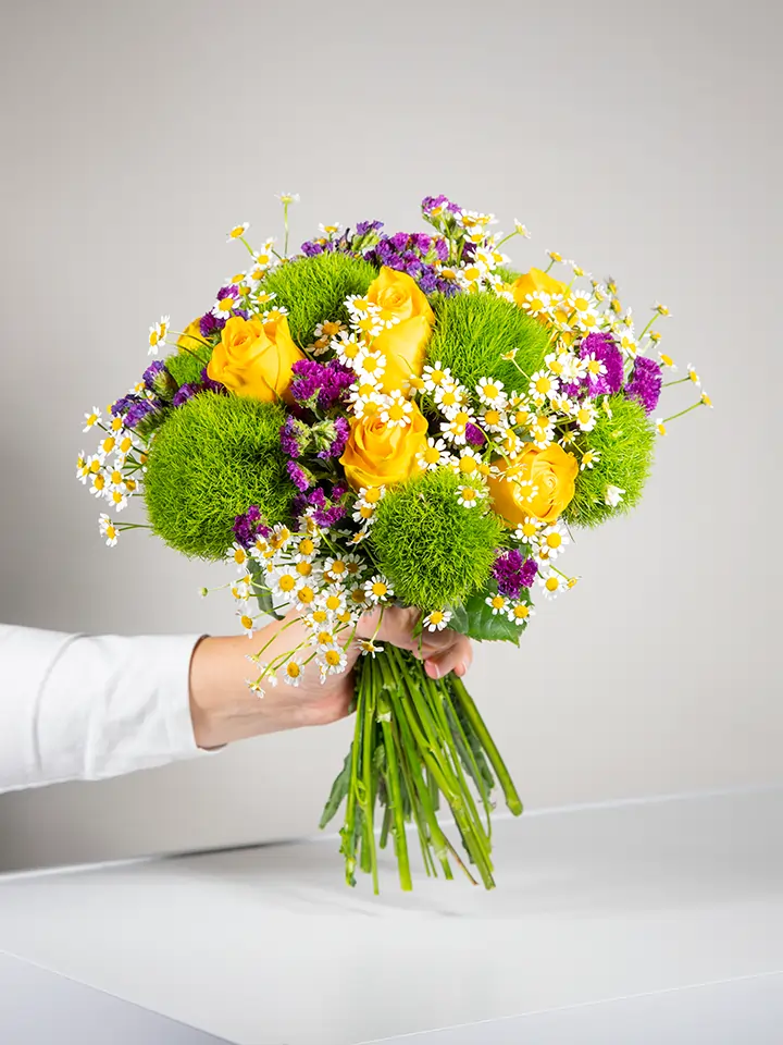 Bouquet garofani verdi rose gialle camomilla statice viola in mano